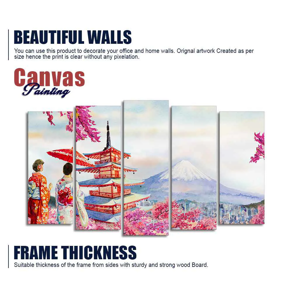 Women in Kimono Canvas Wall Painting Set of Five - Image 6