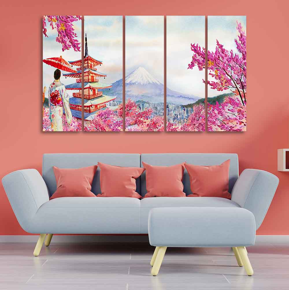 Women in Kimono Canvas Wall Painting Set of Five Pieces - Image 3
