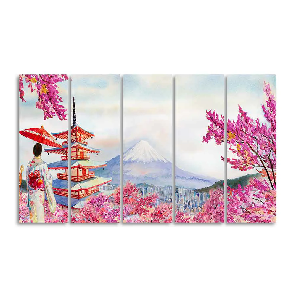 Women in Kimono Canvas Wall Painting Set of Five Pieces - Image 4