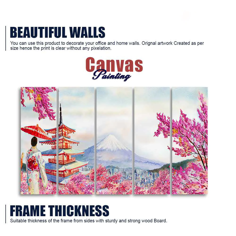 Women in Kimono Canvas Wall Painting Set of Five Pieces - Image 5