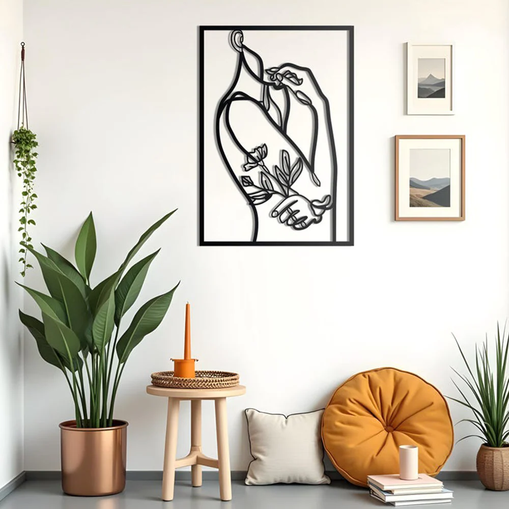 Women With Flower Line Metal Artwork Wall Decor