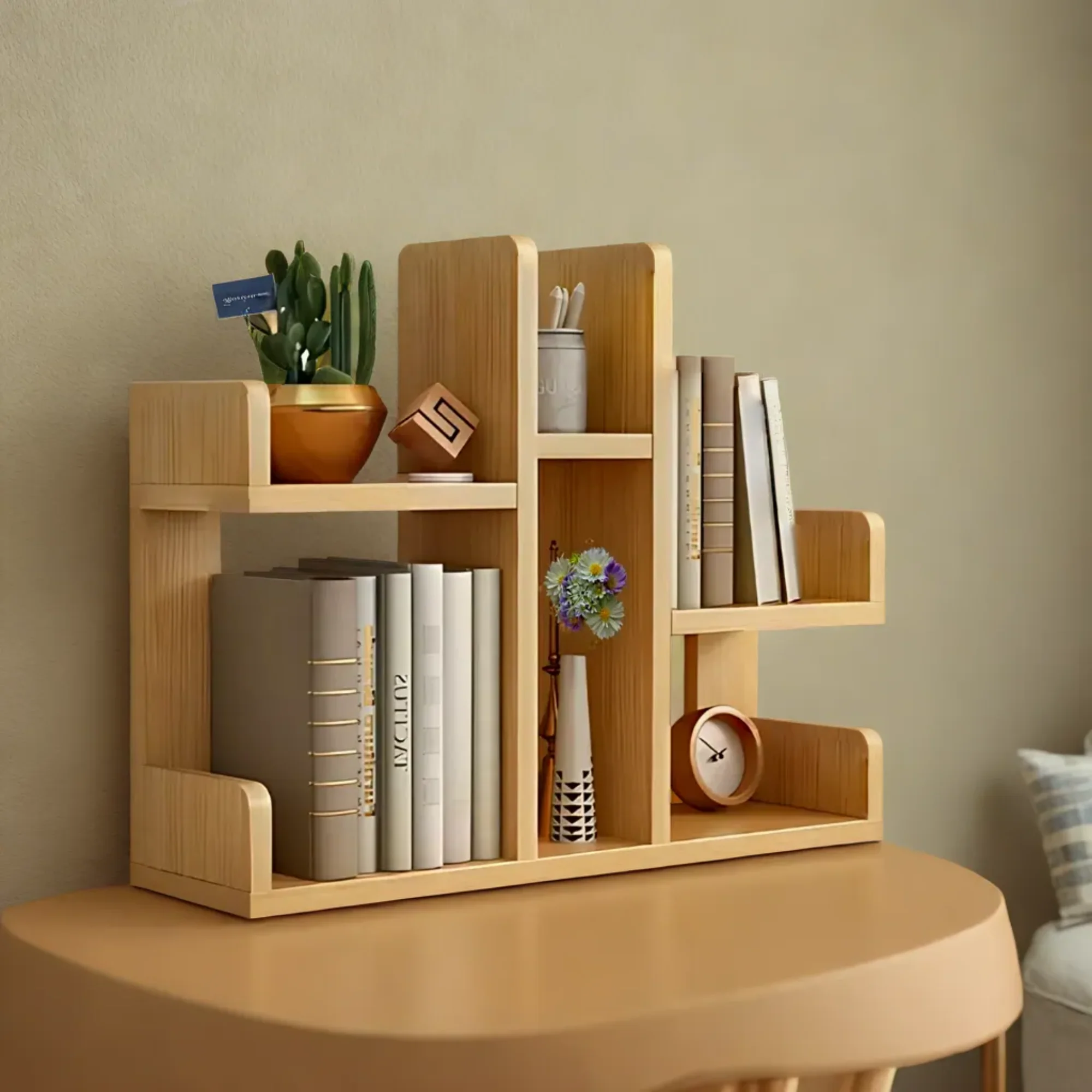 Wooden Desktop Book Rack with Multi Storage Shelves - Image 5
