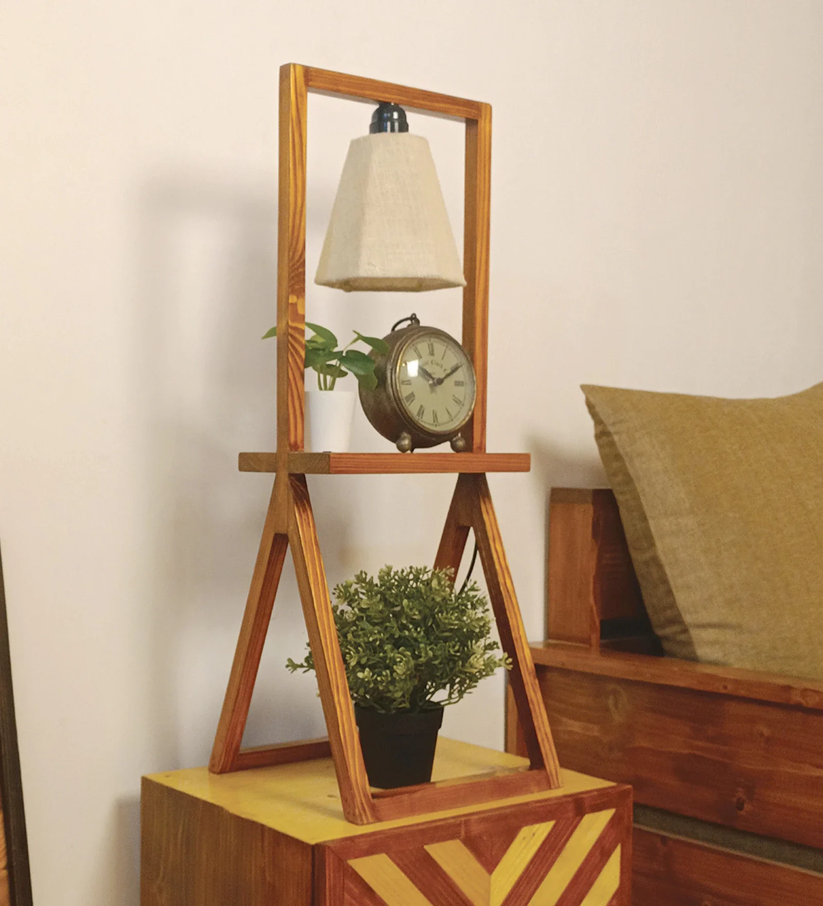 Wooden Shelf Table Lamp with Jute Shade & Brown Base Lampshade - Image 2