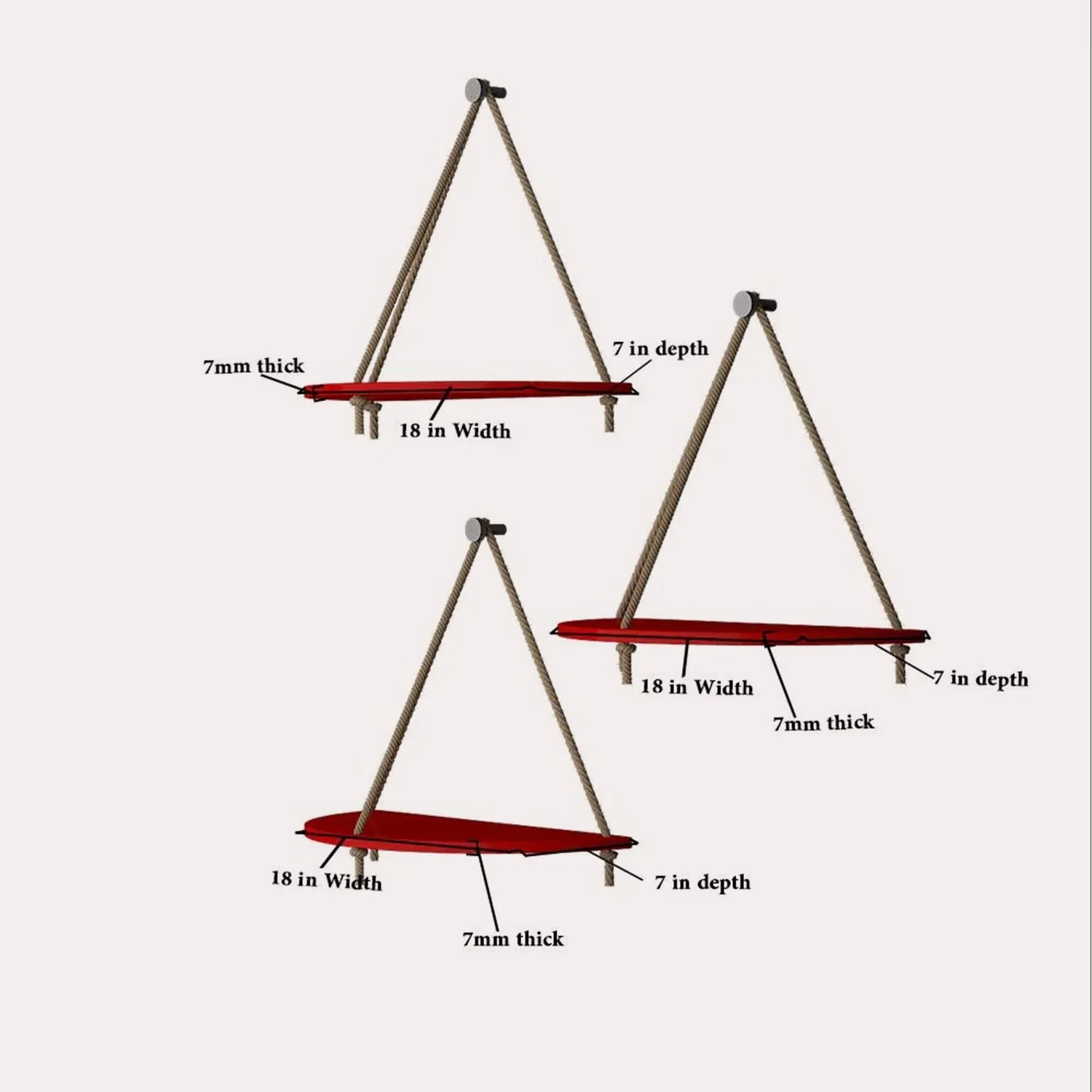 Wooden Wall Hanging Curved Shape Planter Shelf with Rope (Red) - Image 4