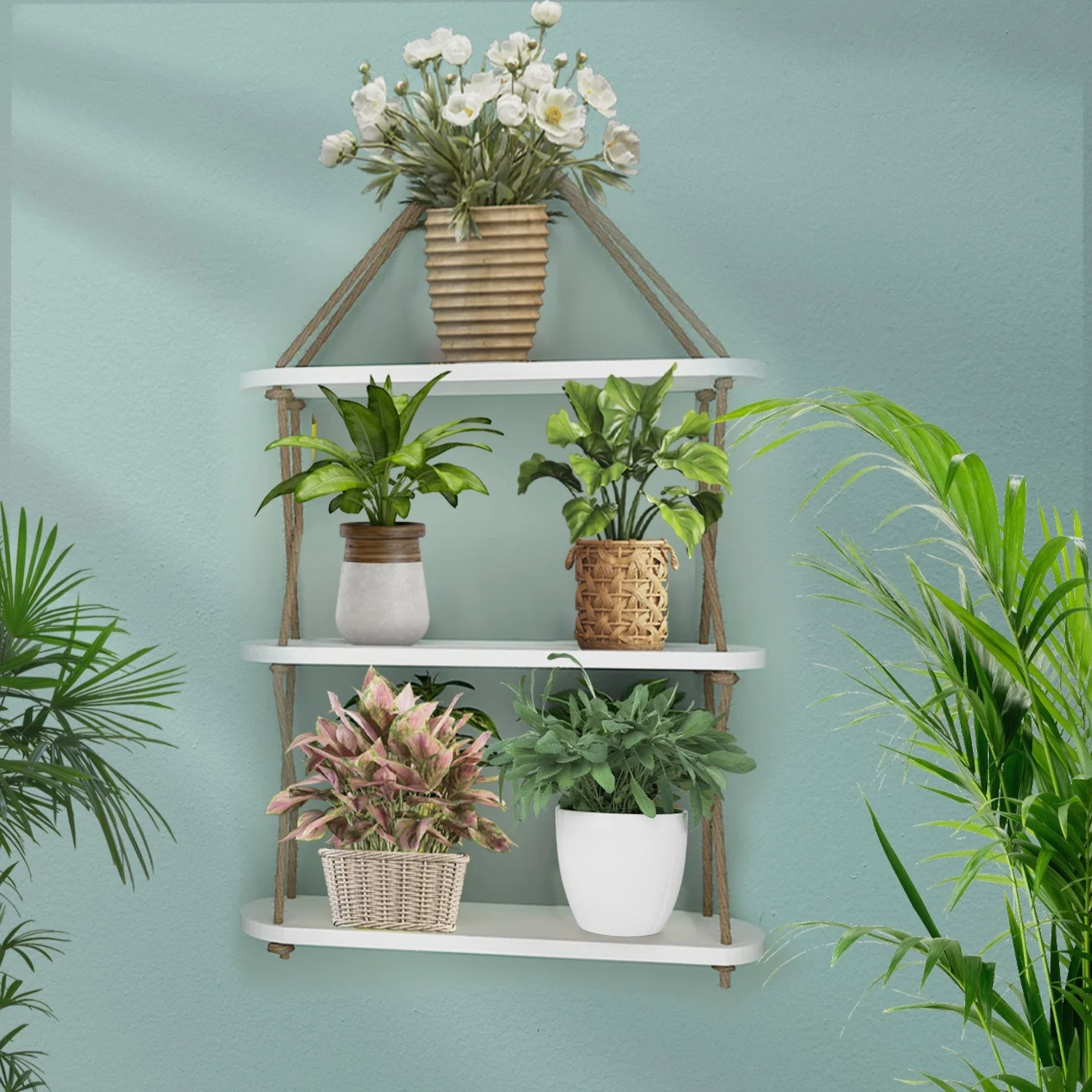 Wooden Wall Hanging Planter Shelf, Cross Rope with Three Layer (White Color) - Image 2