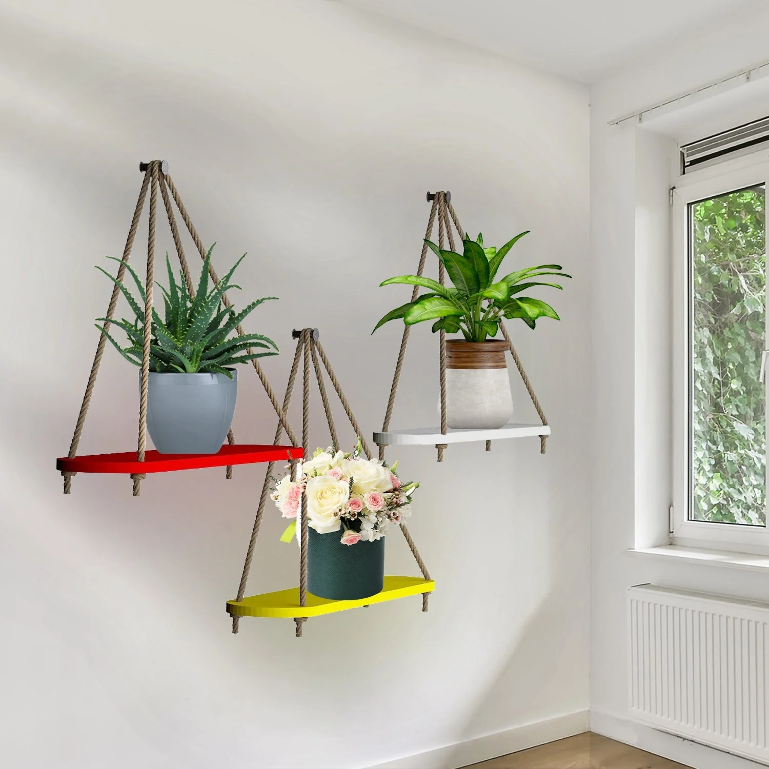 Wooden Wall Hanging Planter Shelf with Rope (Multicolor, Set of 3) - Image 2