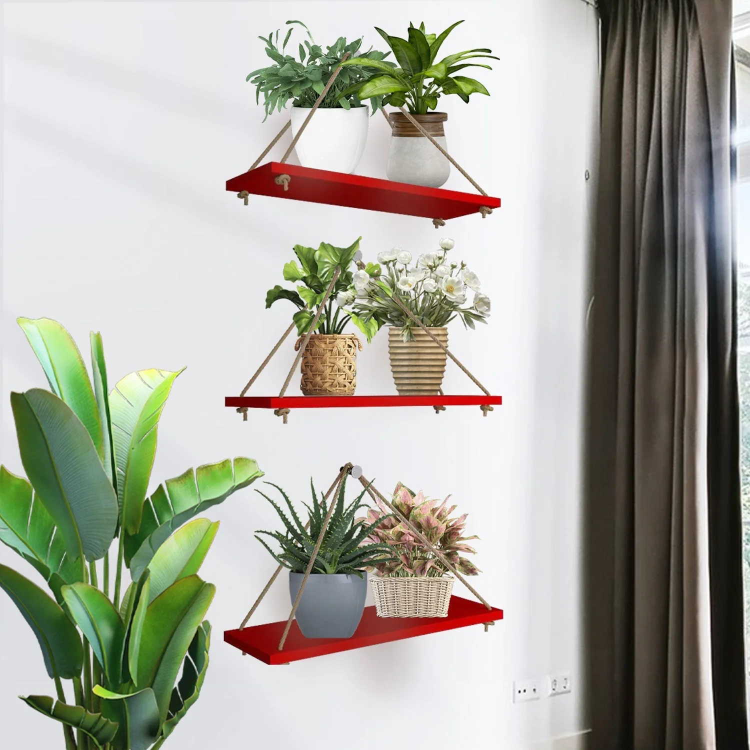 Wooden Wall Hanging Planter Shelf with Rope (Red, Set of 3) - Image 2