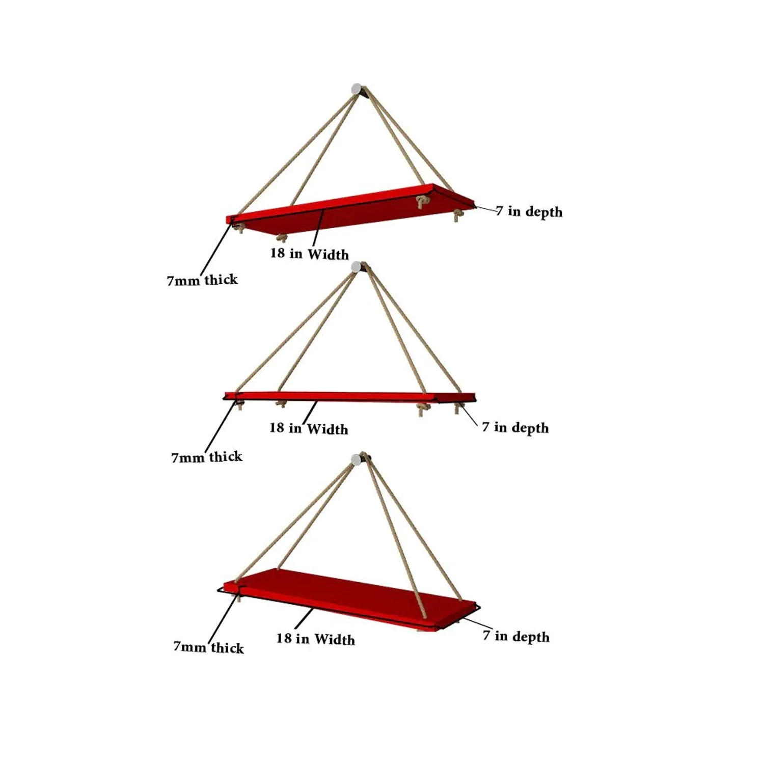 Wooden Wall Hanging Planter Shelf with Rope (Red, Set of 3) - Image 4