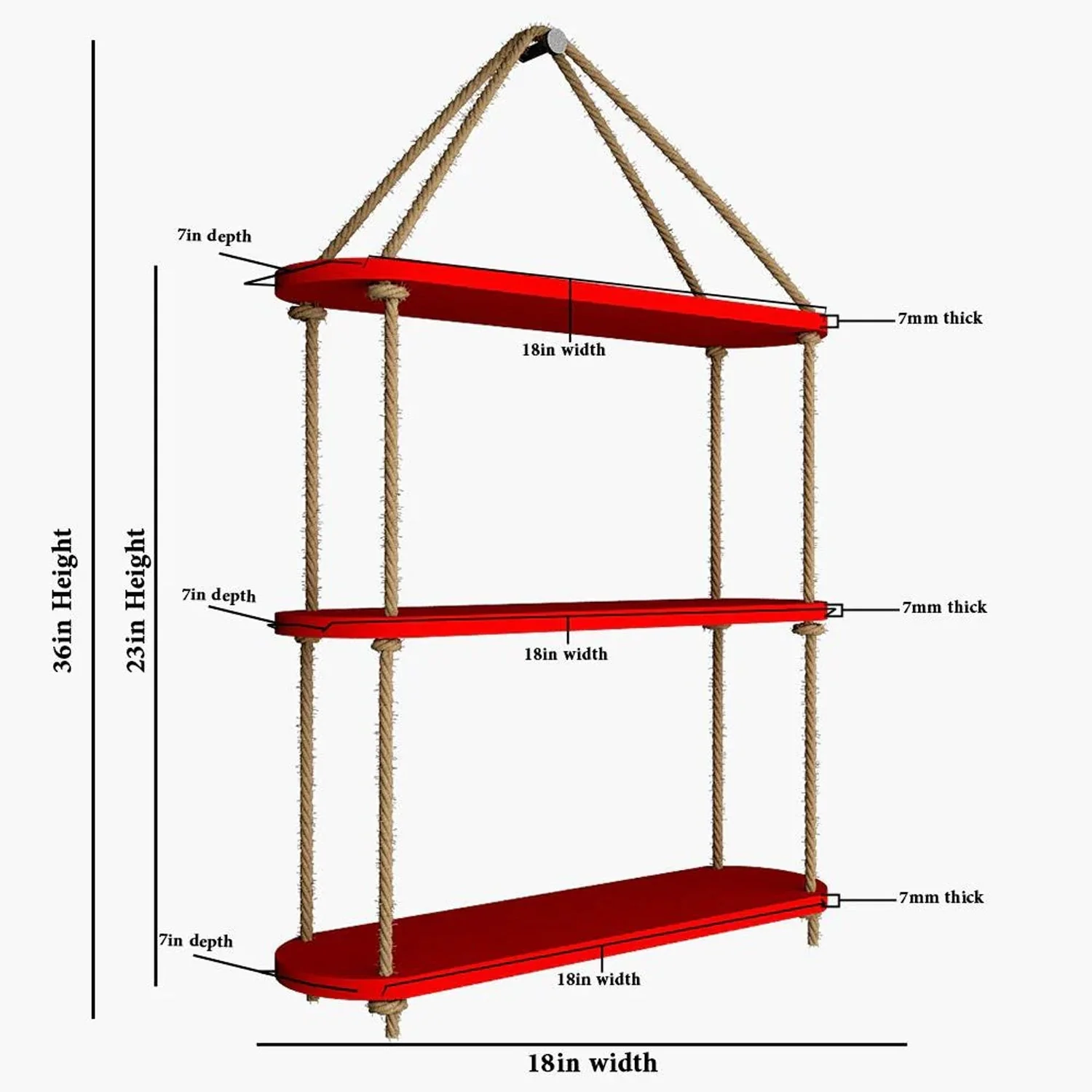Wooden Wall Hanging Planter Shelf with Rope Three Layer (Red Color) - Image 4