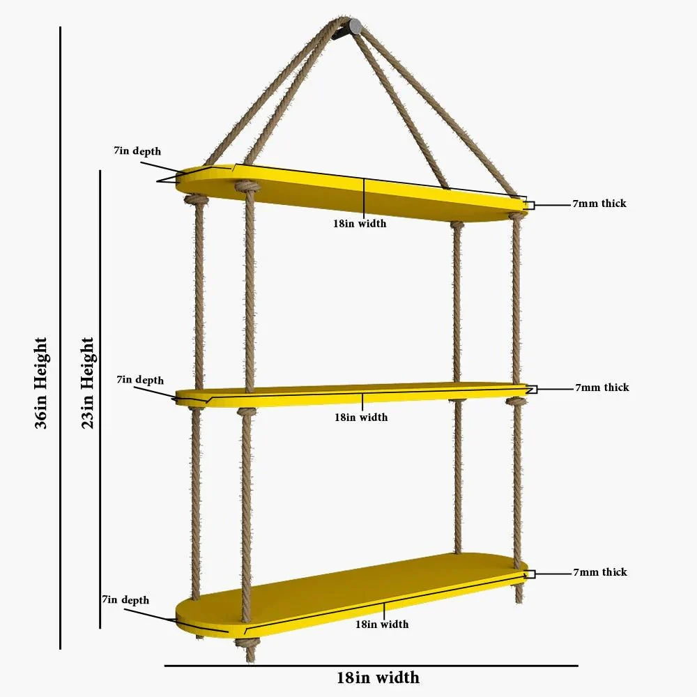 Wooden Wall Hanging Planter Shelf with Rope Three Layer (Yellow color) - Image 4