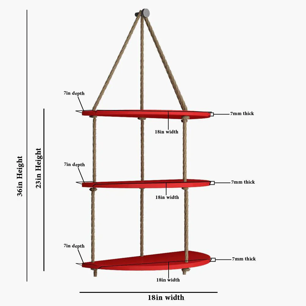 Wooden Wall Hanging Planter Shelf with Rope Three Layers(Red) - Image 4