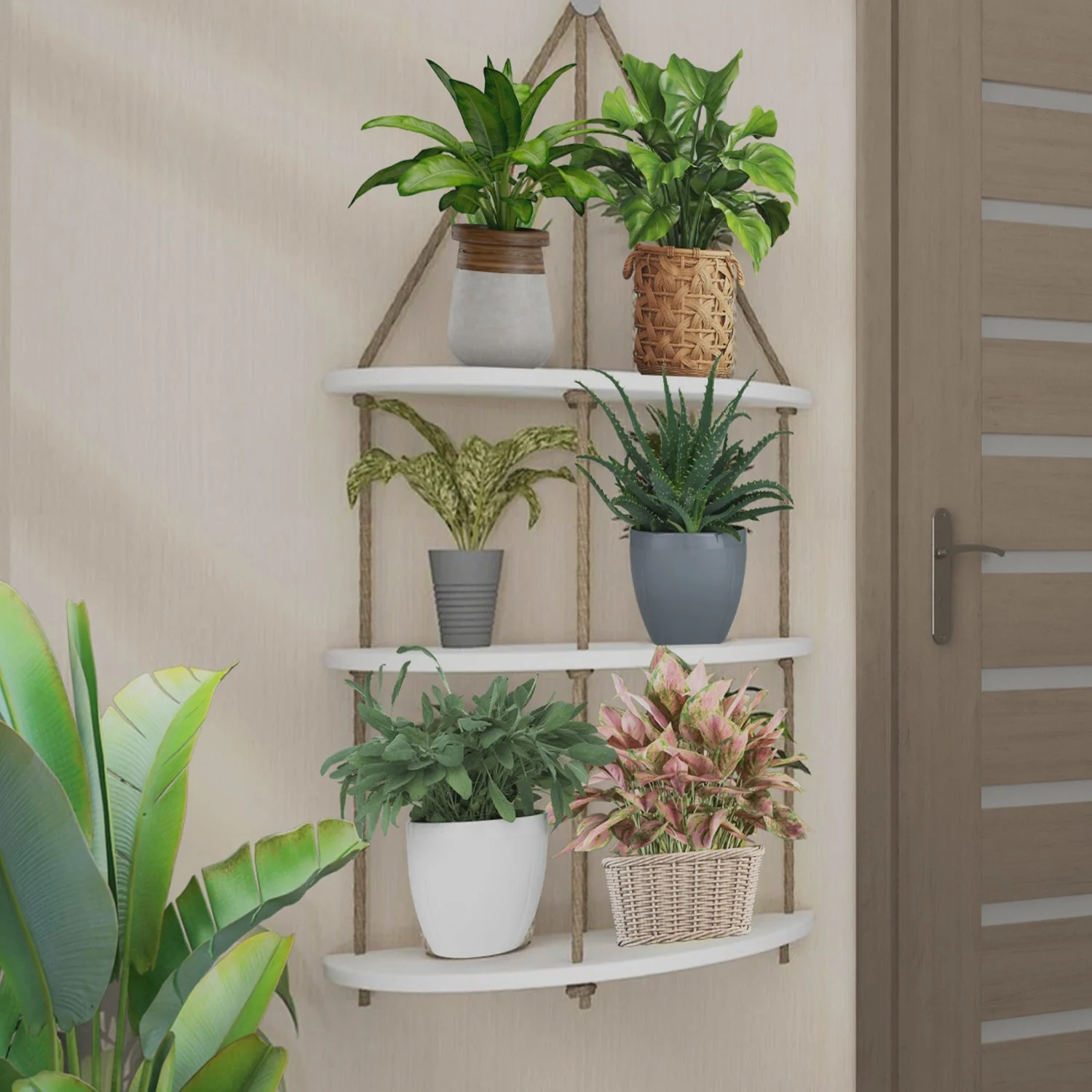 Wooden Wall Hanging Planter Shelf with Rope Three Layers(White) - Image 2