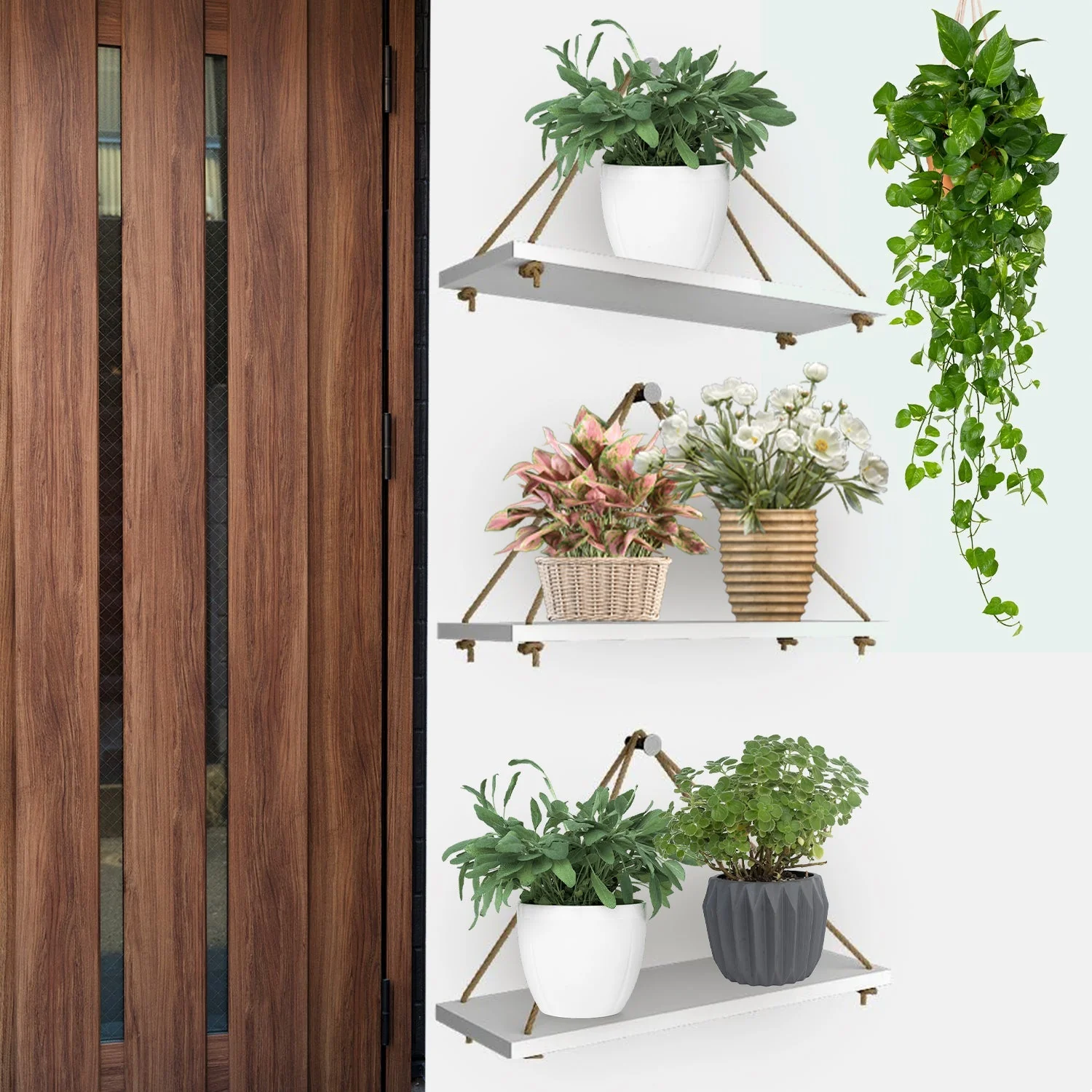Wooden Wall Hanging Planter Shelf with Rope (White, Set of 3) - Image 2