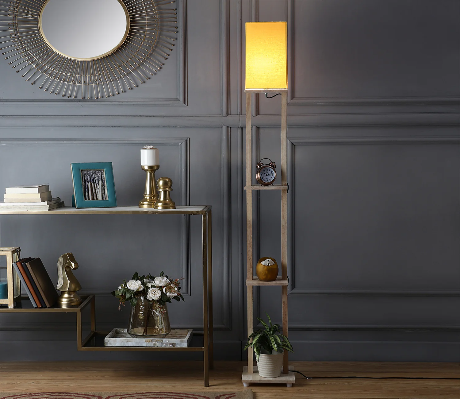 Yellow Color Cotton Shade 3 Tier Shelf Storage Solid Wooden Floor Lamp - Image 2