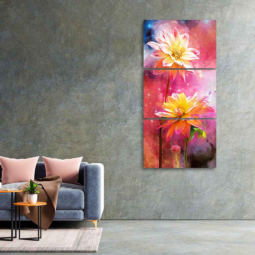 Yellow Flowers on Colorful Galaxy Background 3 Pieces Canvas Wall Painting - Image 3