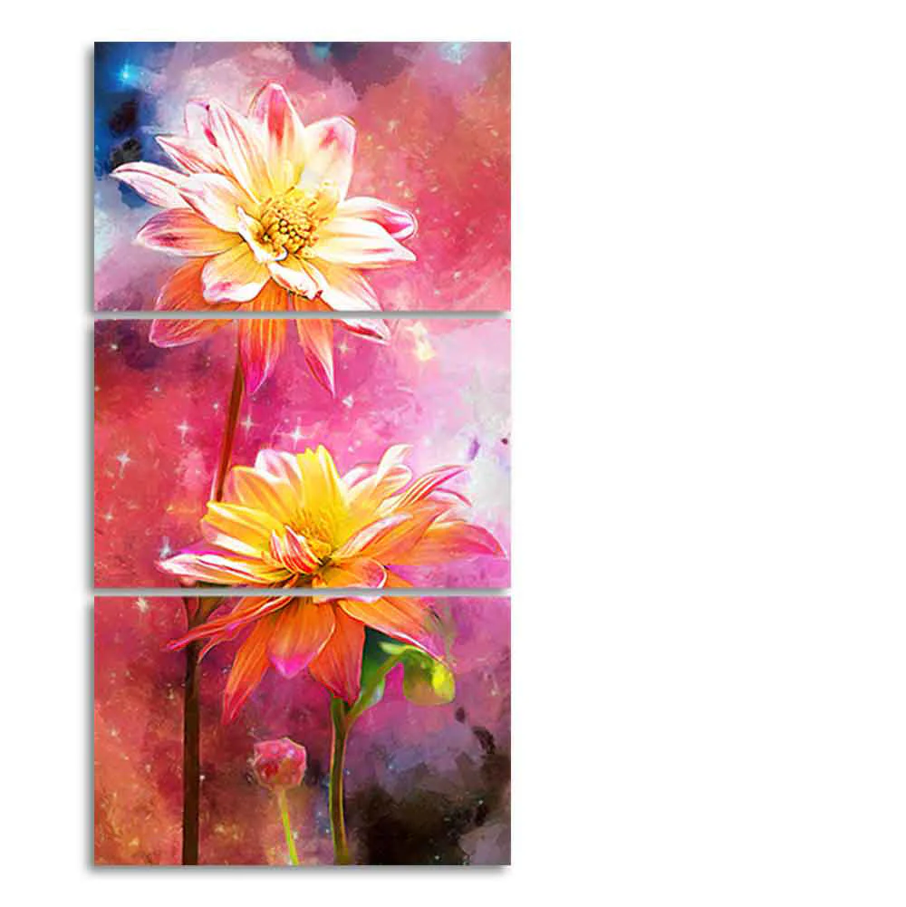 Yellow Flowers on Colorful Galaxy Background 3 Pieces Canvas Wall Painting - Image 4