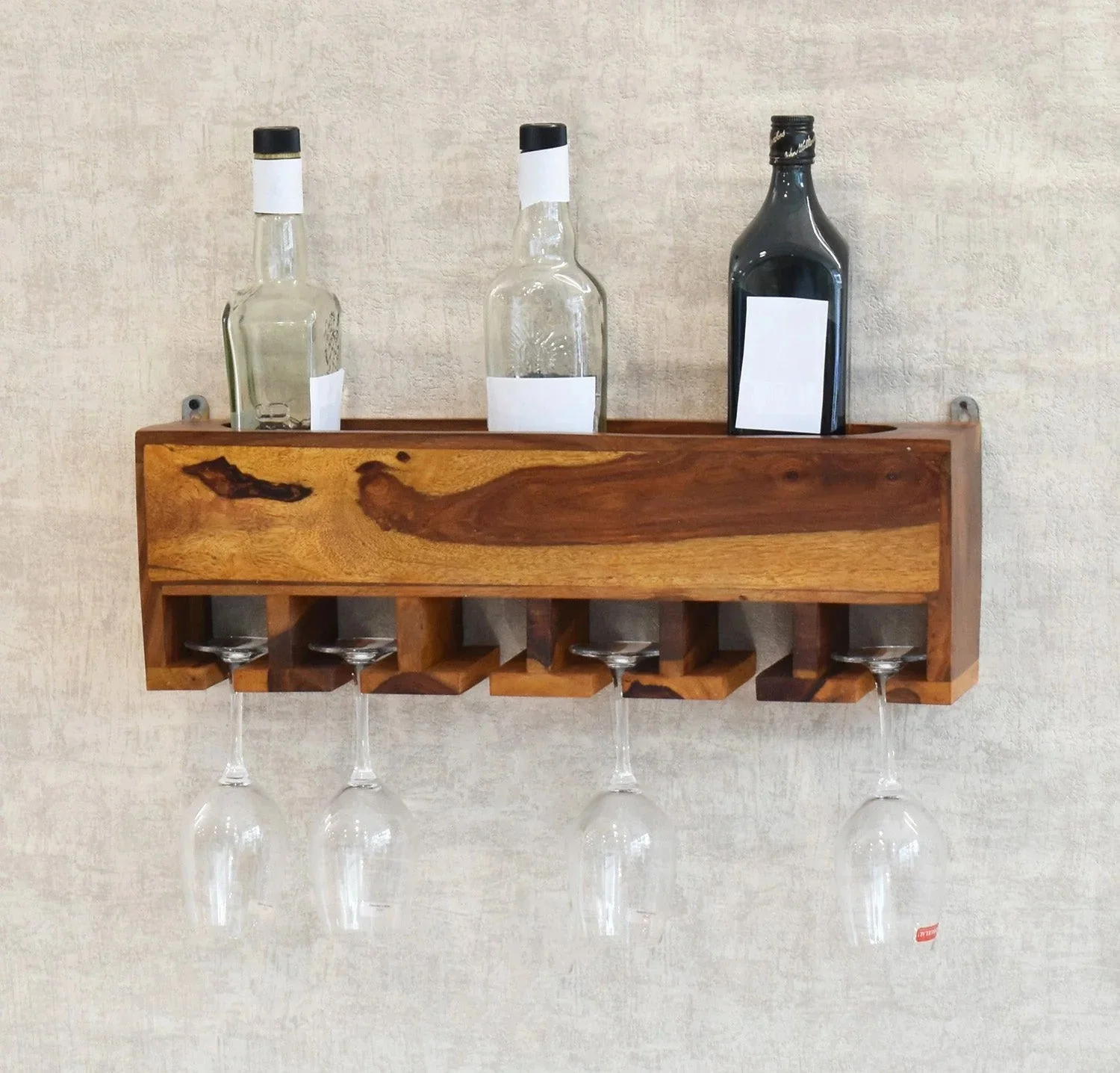 Yellow Natural Teak Wood Wall Mounted Mini Bar Shelf - Image 2